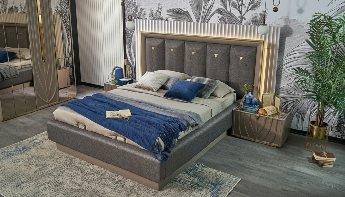 Lit double complet e Chambre Lit marron Ensemble de 3 pièces Tables de chevet en bois