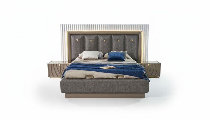 Lit double complet e Chambre Lit marron Ensemble de 3 pièces Tables de chevet en bois