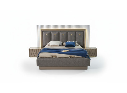 Lit double complet e Chambre Lit marron Ensemble de 3 pièces Tables de chevet en bois