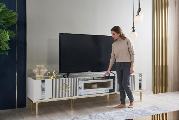 Buffet TV Armoire Basse TV Support en Bois Blanc Table Armoire de Salon