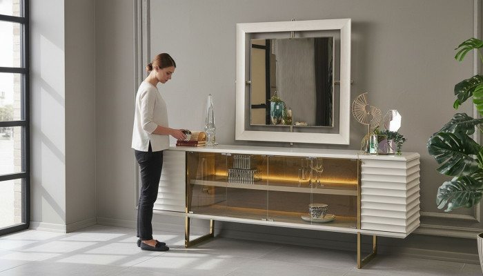 Enfilade avec miroir Salle à manger Bois Beige Commode