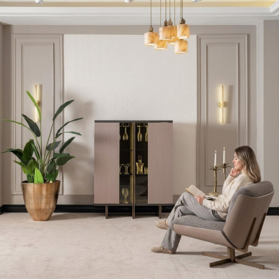 Meuble bar Vitrine Groupe Fauteuil Bois Beige Armoire Salon 2 pièces