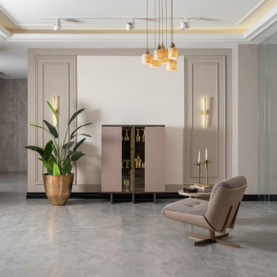Meuble bar Vitrine Groupe Fauteuil Bois Beige Armoire Salon 2 pièces
