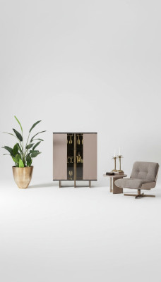 Meuble bar Vitrine Groupe Fauteuil Bois Beige Armoire Salon 2 pièces