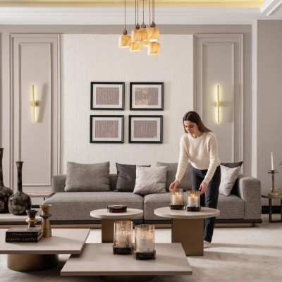 Salon Suite Canapé quatre places 4 tables basses 5 pièces en gris