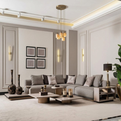Paysage vivant Suite Salle de séjour Canapé d'angle Canapé Tables basses 5 pièces gris