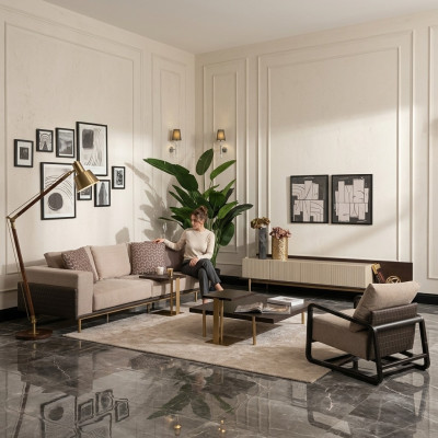 Complétez le salon Canapé Tables basses ensemble de 6 pièces Canapé en tissu Beige Bois Moderne
