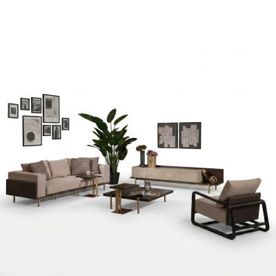 Complétez le salon Canapé Tables basses ensemble de 6 pièces Canapé en tissu Beige Bois Moderne