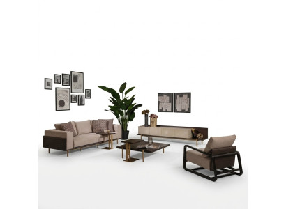 Complétez le salon Canapé Tables basses ensemble de 6 pièces Canapé en tissu Beige Bois Moderne