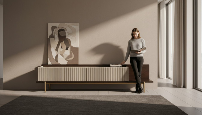 Buffet Meuble TV Lowboard Table de salon en bois Beige Moderne
