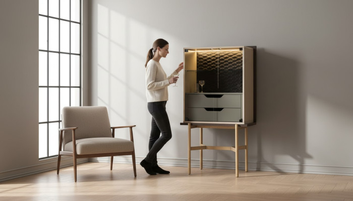 Armoire de bar Vitrine Comptoir en bois Salon Moderne Beige Luxe
