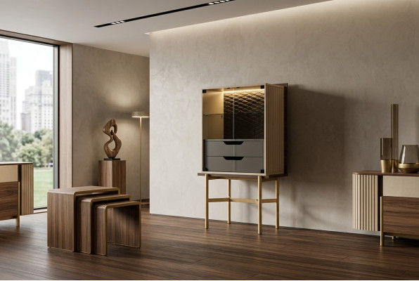 Armoire de bar Vitrine Comptoir en bois Salon Moderne Beige Luxe