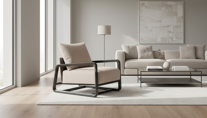 Fauteuil de télévision individuel en bois beige pour le salon.
