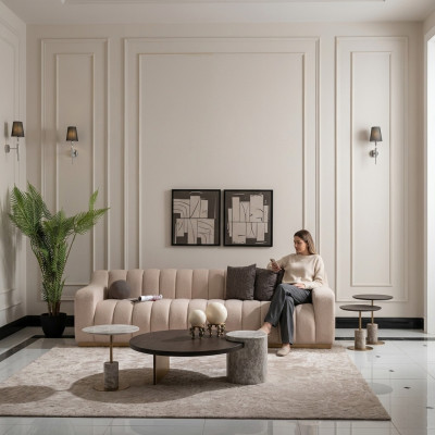 Suite Salon Canapé trois places Tables basses Canapé en tissu 4 pièces Beige Bois