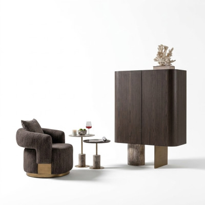 Salle de séjour Complète et Fauteuil Tables d'appoint 4pcs Tissu Marron Bois Bar