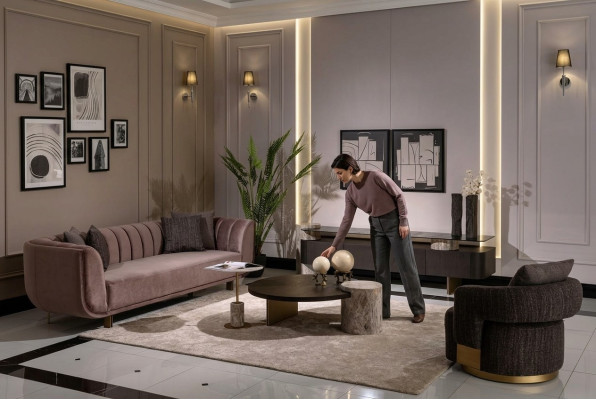 Salon Ensemble Canapé Fauteuil Marron Tissu Tables Basses Ensemble 5 pièces Cabinet TV