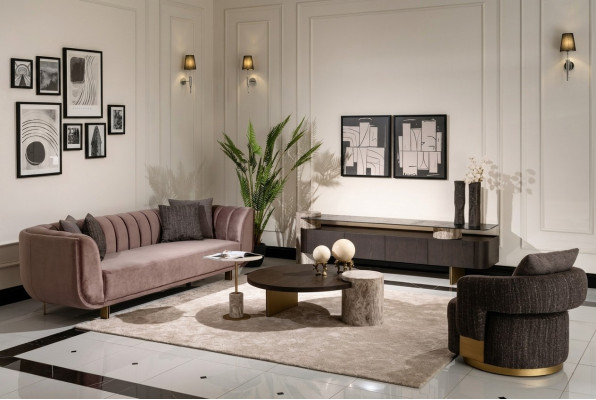 Salon Ensemble Canapé Fauteuil Marron Tissu Tables Basses Ensemble 5 pièces Cabinet TV