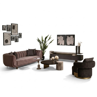 Salon Ensemble Canapé Fauteuil Marron Tissu Tables Basses Ensemble 5 pièces Cabinet TV