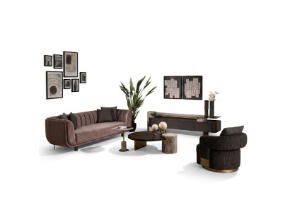 Salon Ensemble Canapé Fauteuil Marron Tissu Tables Basses Ensemble 5 pièces Cabinet TV