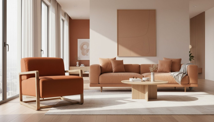 Fauteuil 1 place orange en bois pour salon, design de chaise de détente.