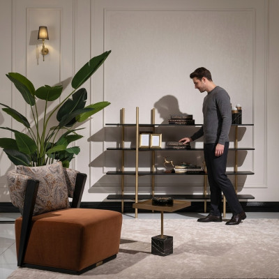 Fauteuil Suite Tissu Tables d'appoint Étagères Ensemble 4 pièces Salon Orange