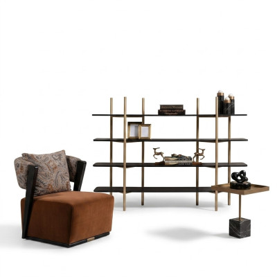 Fauteuil Suite Tissu Tables d'appoint Étagères Ensemble 4 pièces Salon Orange