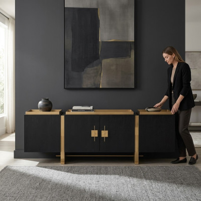 Buffet Armoire Commode Bois Noir Design Moderne Or