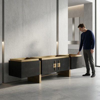 Meuble télé sideboard Lowboard TV Stand - Design moderne noir et or en bois