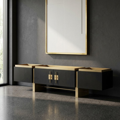 Meuble télé sideboard Lowboard TV Stand - Design moderne noir et or en bois