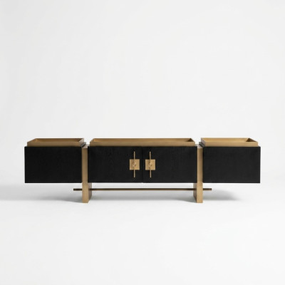 Meuble télé sideboard Lowboard TV Stand - Design moderne noir et or en bois