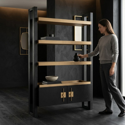 Armoire de design avec étagères Armoire en bois noir et or en bois