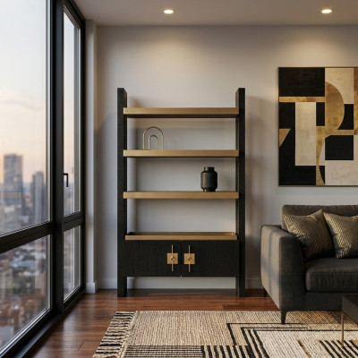 Armoire de design avec étagères Armoire en bois noir et or en bois