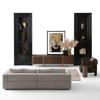 Canapé d'angle Fauteuil Canapé en tissu Meuble TV Buffet bas Beige Moderne Ensemble de 3 pièces