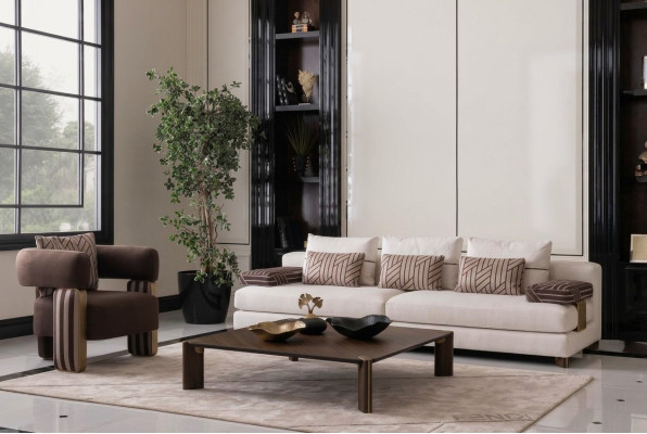 Ensemble de canapé complet Canapé Fauteuil Tissu Marron Canapé Table de canapé rembourré