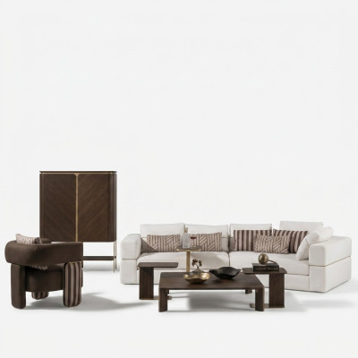 Salon Suite Canapé d'angle Canapé en tissu Fauteuil Ensemble de table basse 6 pièces brun