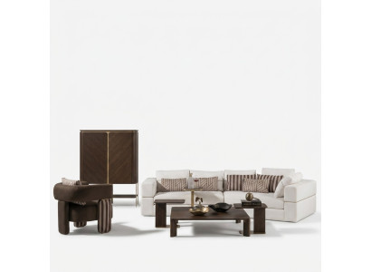 Salon Suite Canapé d'angle Canapé en tissu Fauteuil Ensemble de table basse 6 pièces brun