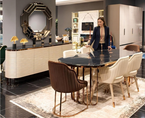 Ensemble de salle à manger - Table de salle à manger - Chaises - Ensemble beige 9 pièces de luxe en bois - Salle à manger