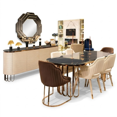 Ensemble de salle à manger - Table de salle à manger - Chaises - Ensemble beige 9 pièces de luxe en bois - Salle à manger