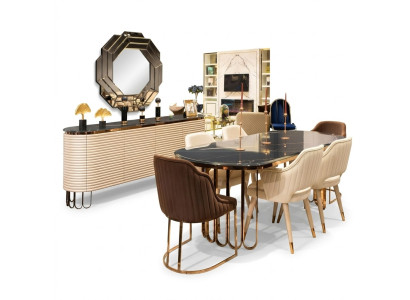 Ensemble de salle à manger - Table de salle à manger - Chaises - Ensemble beige 9 pièces de luxe en bois - Salle à manger