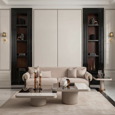 Suite Salon Canapé 3 places Canapé en tissu beige Tables basses 4pcs