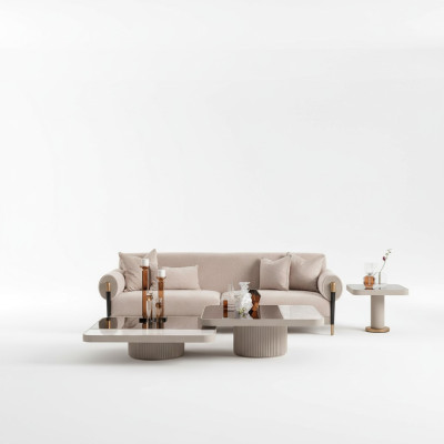 Suite Salon Canapé 3 places Canapé en tissu beige Tables basses 4pcs
