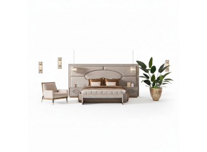 Suite de chambre de luxe Lit double Tables de chevet Ensemble 5 pièces Siège beige
