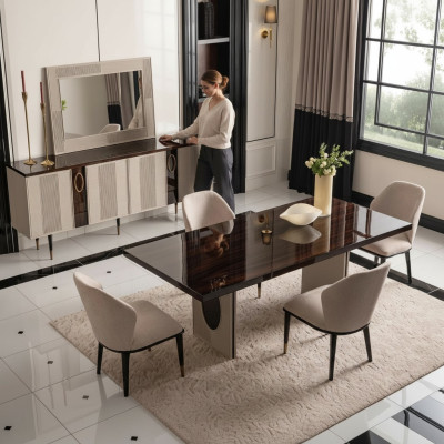 Salle à manger de luxe Ensemble de salle à manger Coin repas Table à manger Chaises Beige Ensemble 9 pièces Bois