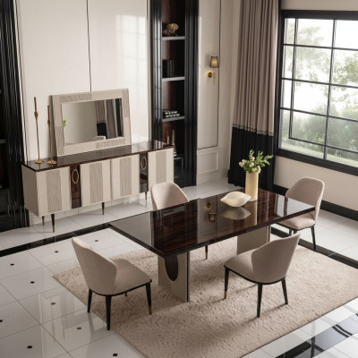 Salle à manger de luxe Ensemble de salle à manger Coin repas Table à manger Chaises Beige Ensemble 9 pièces Bois