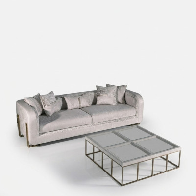 Canapé trois places Table basse à trois places en tissu gris Ensemble de deux canapés rembourrés