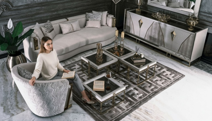 Ensemble de canapé-lit en tissu de luxe avec fauteuil, tables basses pour salon, 7 pièces gris.
