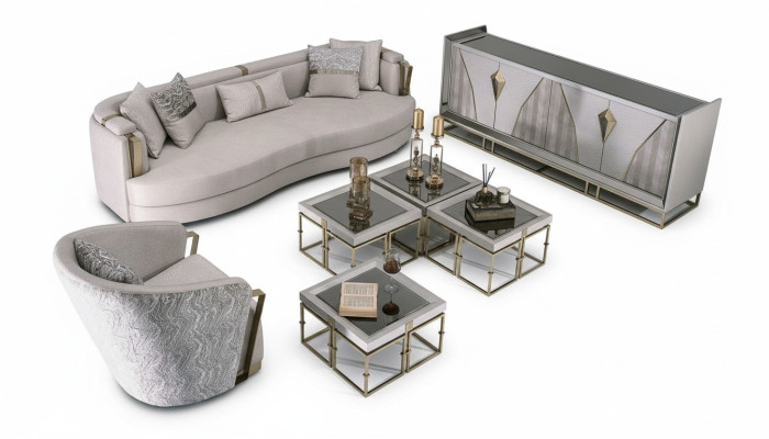 Ensemble de canapé-lit en tissu de luxe avec fauteuil, tables basses pour salon, 7 pièces gris.
