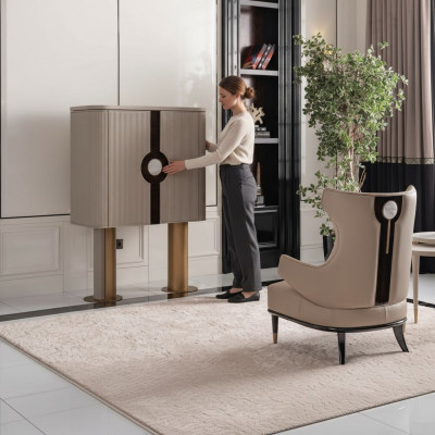 Groupe de fauteuils Salle de séjour Armoire de bar Chaise moderne à ailes beige Armoire