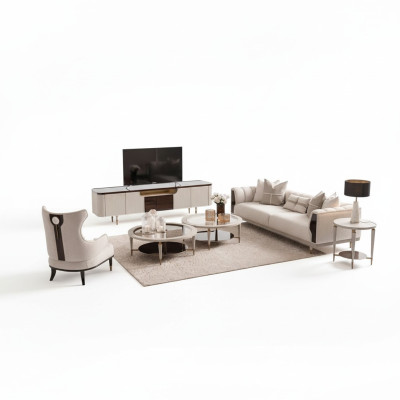 Groupe de salon ensemble de trois fauteuils canapé en tissu beige tables basses 6 pièces