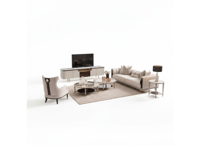Groupe de salon ensemble de trois fauteuils canapé en tissu beige tables basses 6 pièces